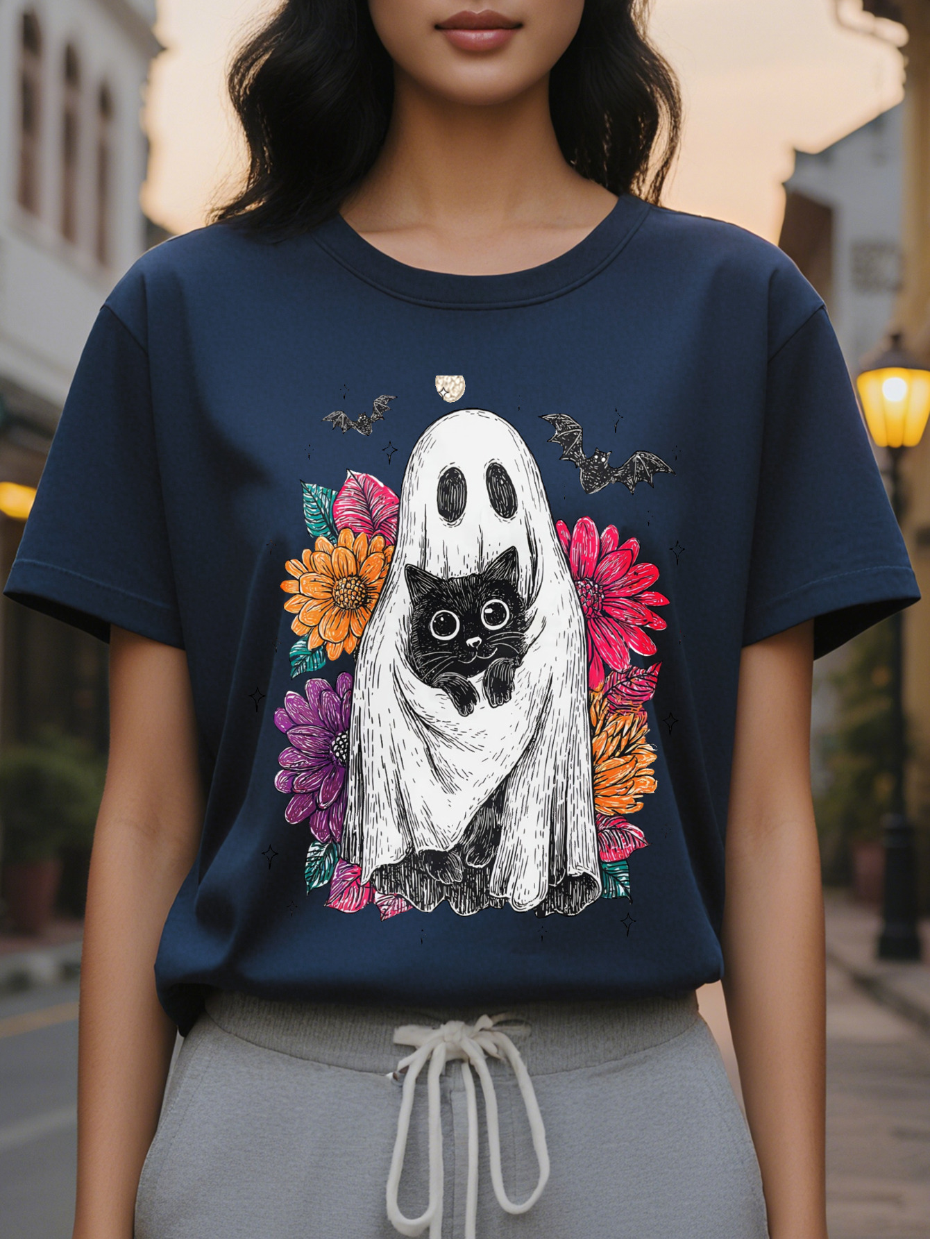 Large XL Women's Halloween Cute Black Cat Print T-Shirt Semi Sheer Round Neck Top with Bats Floral Design Spring Summer Plus Size