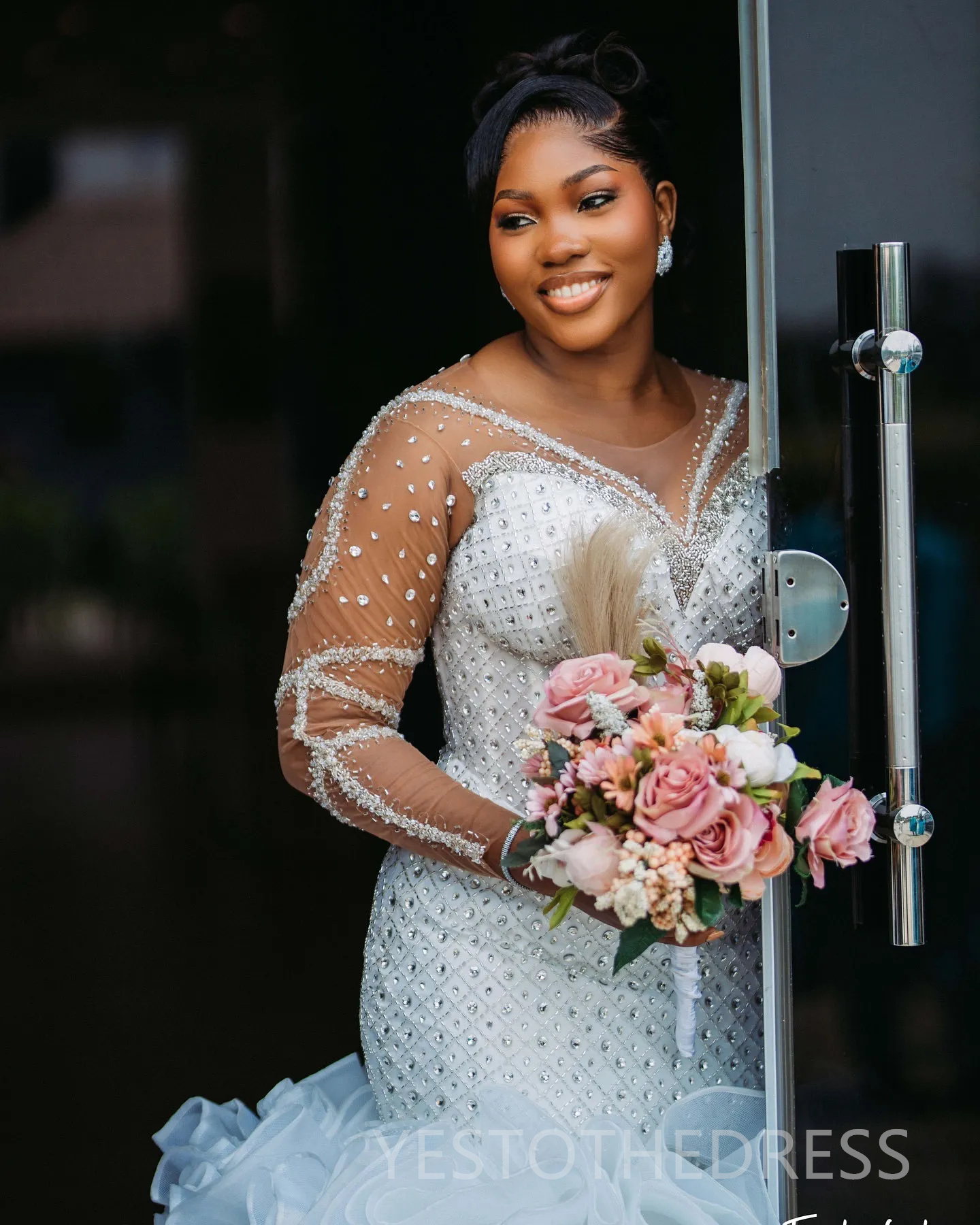 2025 Plus Size Wedding Dress Bridal Gowns For Bride Mermaid Wedding Gowns Sheer Neck Illusion Long Sleeves Pearls Beaded Lace Bridal Dress For African