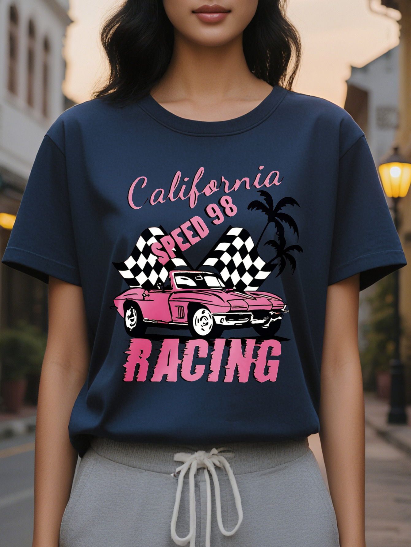 Women S Speed Graphic T-Shirt Crew Neck Short Sleeve Top with Palm Tree Design Pink Lightweight Summer Tee for