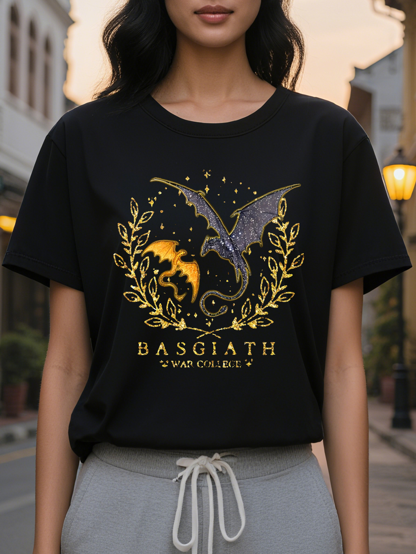 Basjiatt Women's Pattern Printed Short Sleeve T-Shirt Black Dragon Wings Design Spring and Summer Casual Round Neck