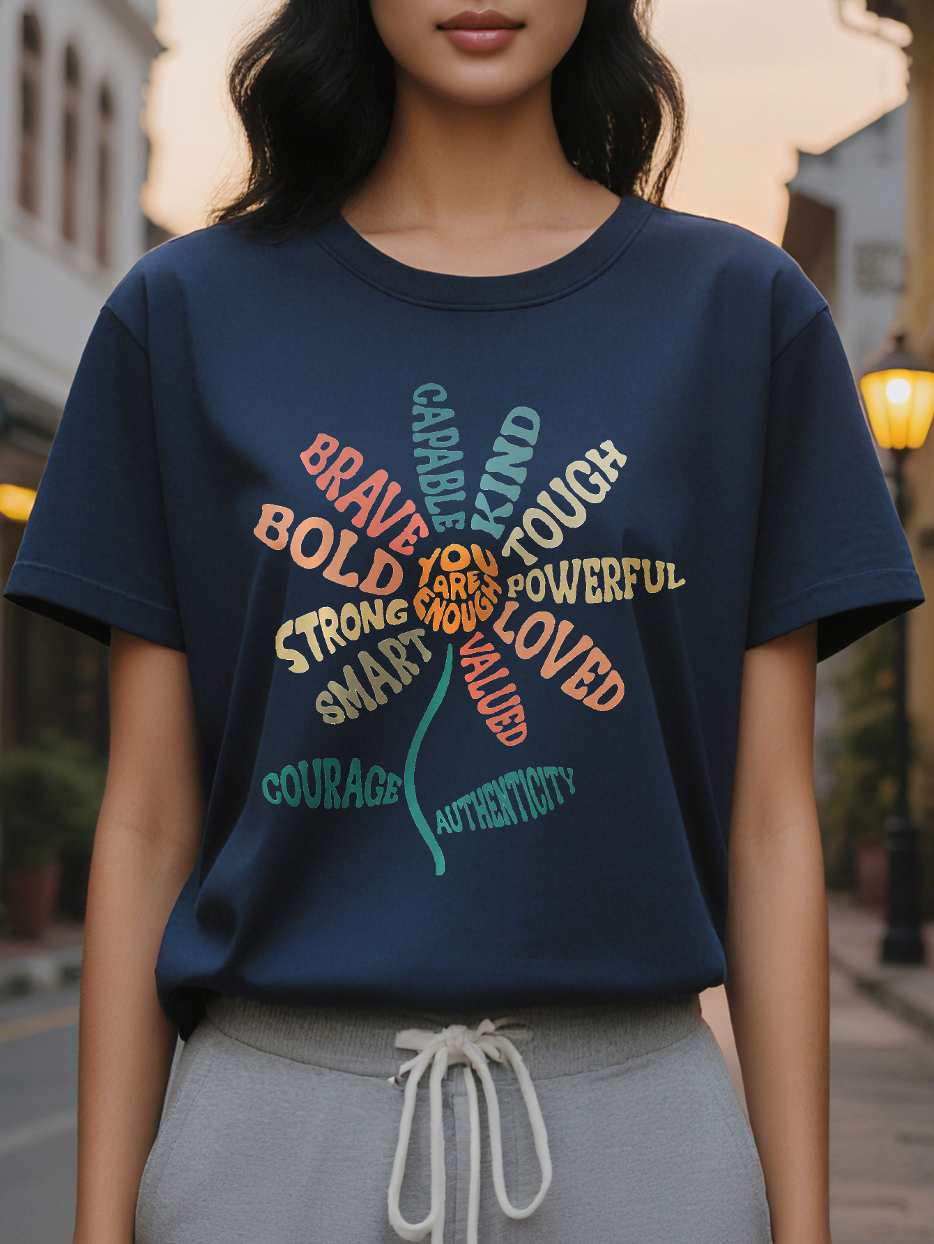 Women's Motivational Letter Printed T-Shirt Round Neck Short Sleeve Elastic Cotton Suitable for Spring