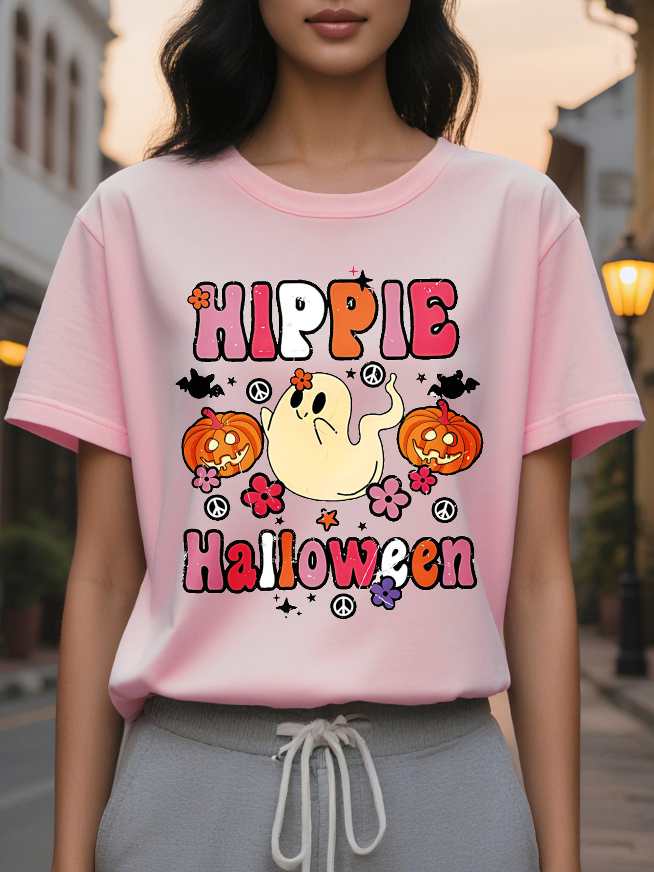 Large XL Women's Halloween Cute Hippie Print T-Shirt Round Neck Short Sleeve with Bats Pumpkins Peace Symbols Spring Summer Plus Size