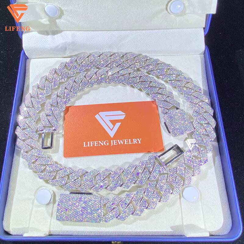 Hip Hop 15mm Moissanite Cuban Chain S925 Sterling Silver Custom Iced Out Moissanite Cuban Link Chain