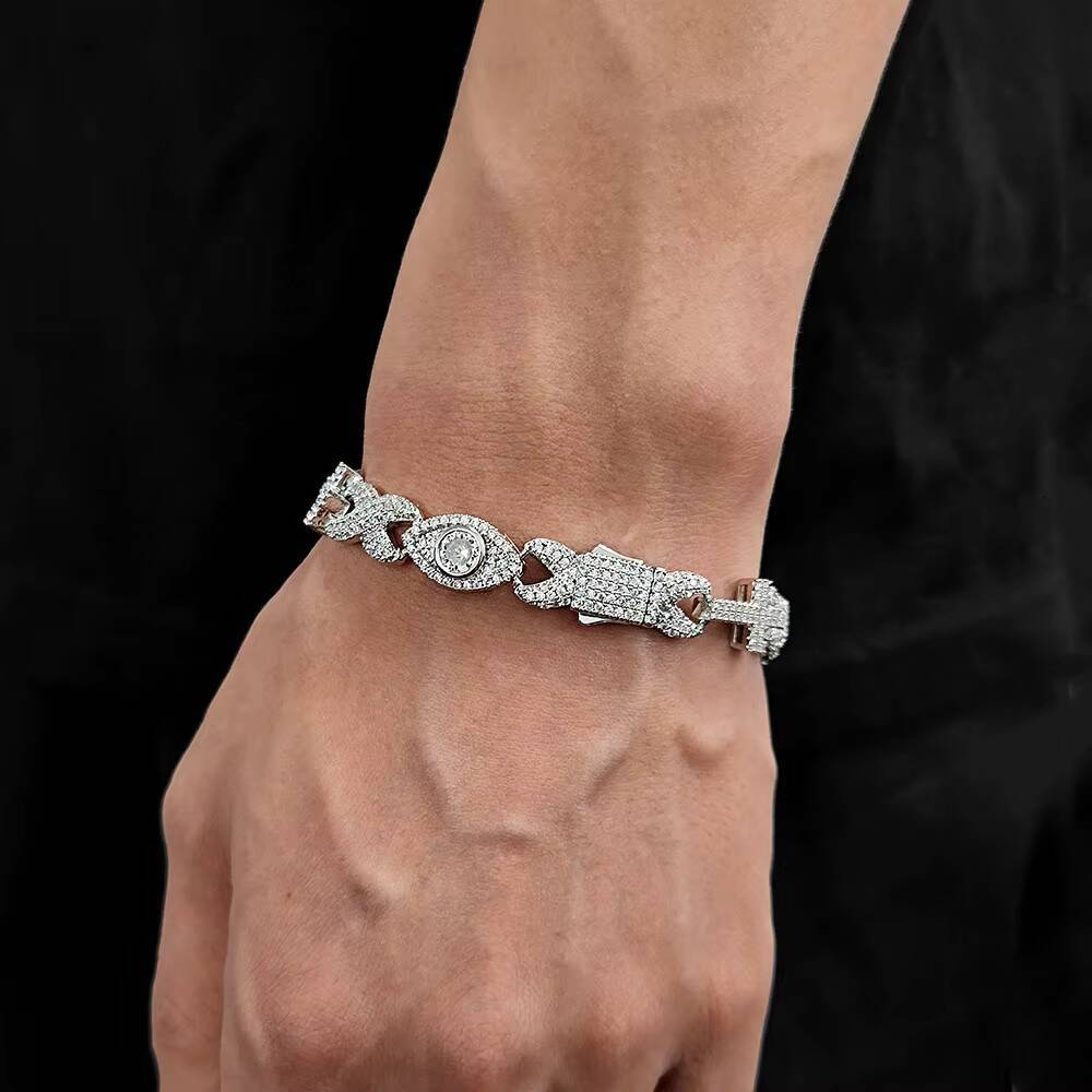Hot selling silver color evil eye eternity micro pave moissanite Cuban bracelet punk style fashion jewelry gift for men and women