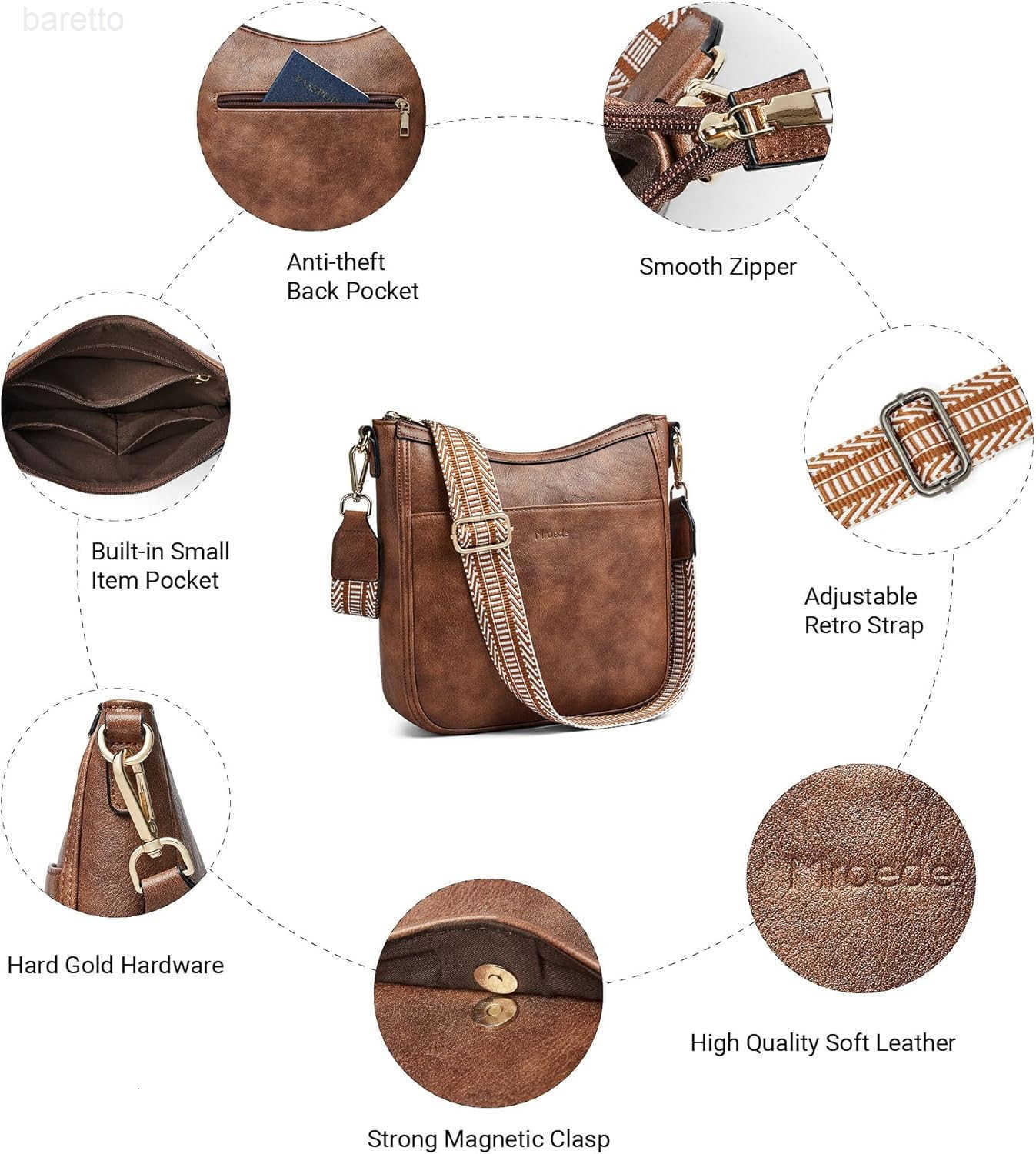 Crossbody Bags for Women Vegan Leather Hobo Purses Travel Shoulder Handbags with Detachable Wide Guitar Strap M250904