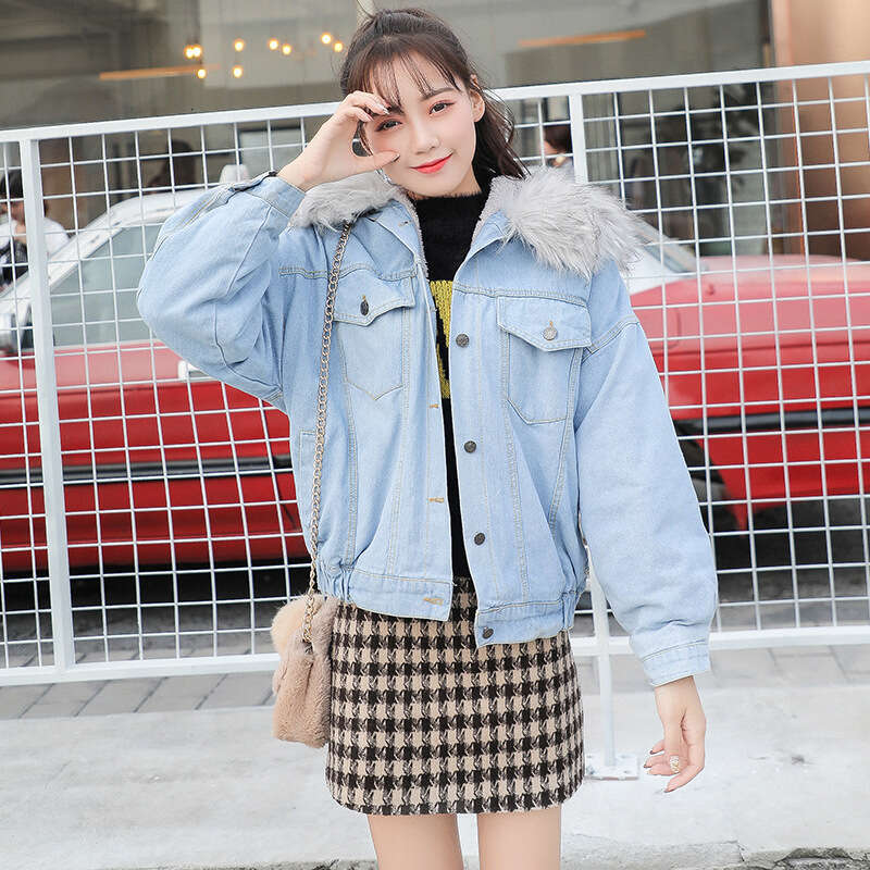 Women's Clothing winter thickened collar denim women's loose short plush cotton coat