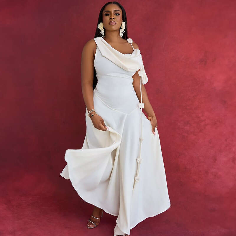 2025 Summer New Elegant Off-Shoulder Mid-Length Slim Strap Dress for Women European and American Design