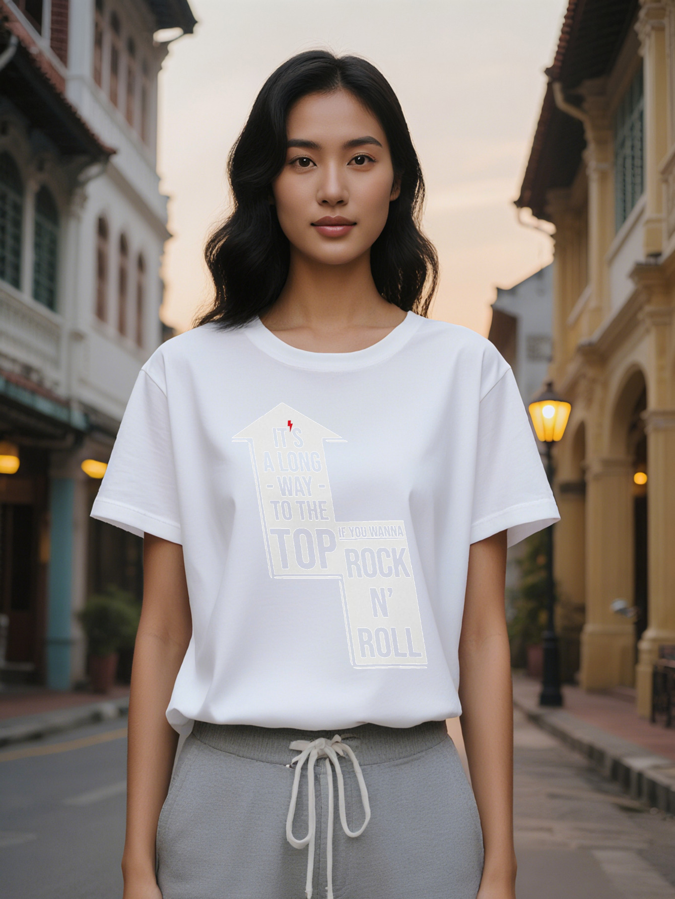 Large XL Women's Casual Crew Neck T-Shirt with It's a Long Way to the Top If You Wanna Rock N Roll Arrow Print Perfect Gift for Plus Size