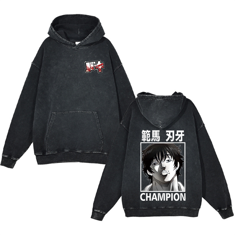440g Heavyweight Cotton Pre-Washed Distressed Finish Baki Hanma Anime Street Retro Hoodie - TT8306