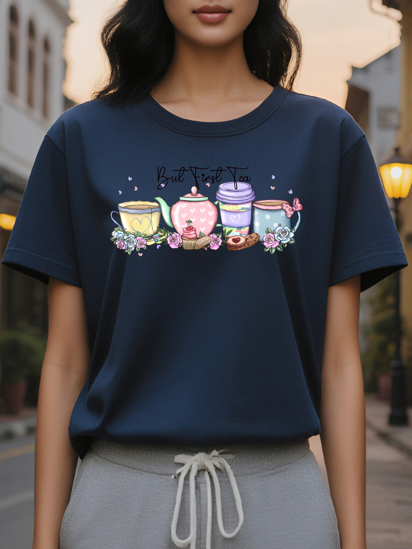 Large XL Women S Light Purple But First Graphic T-Shirt Casual Round Neck Short Sleeve Cotton SpringSummer Collection Plus Size