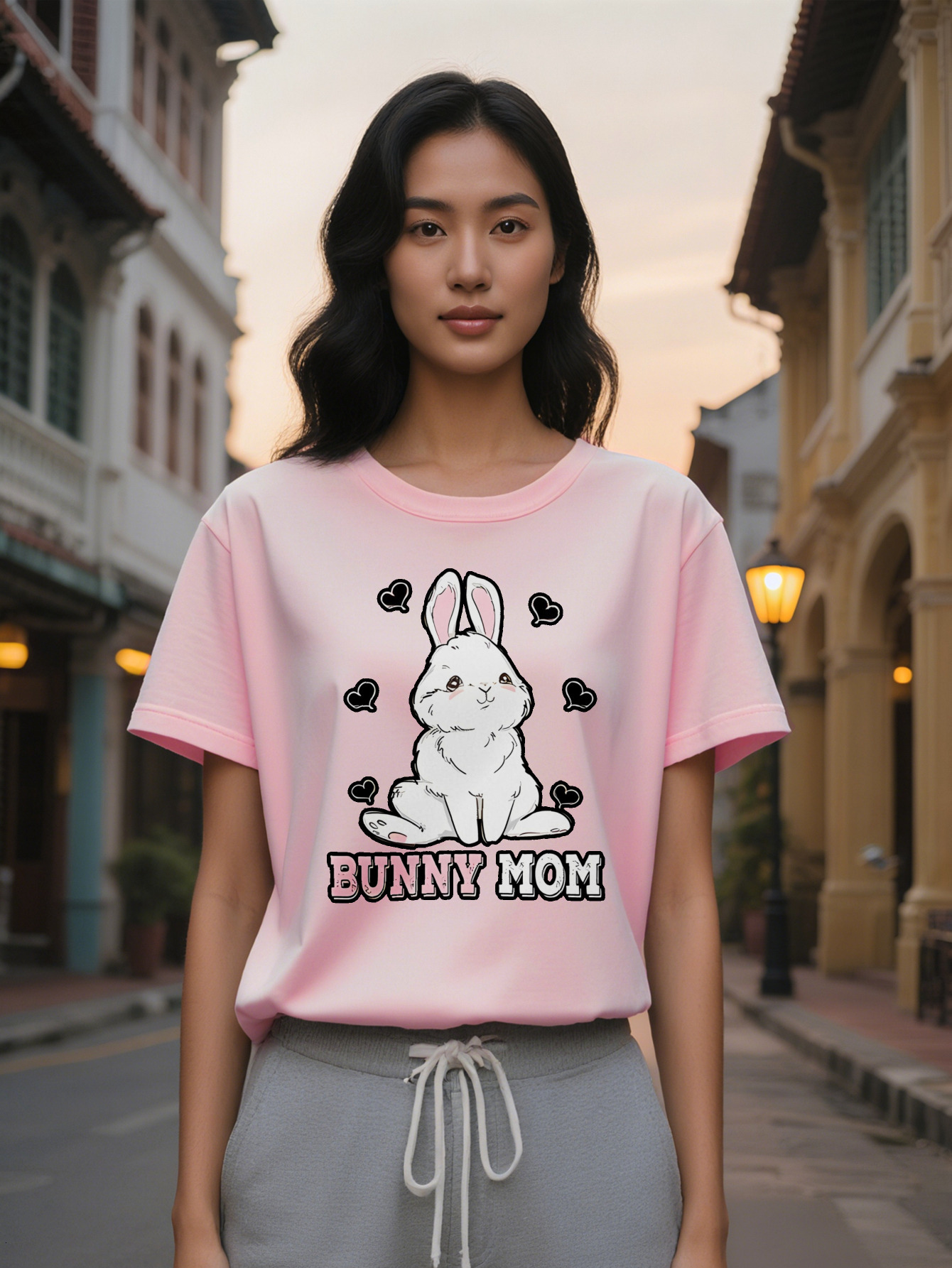 Large XL Women's Casual Versatile Round Neck T-Shirt with Rabbit Heart Print Design, a Great Gift for Women Plus Size