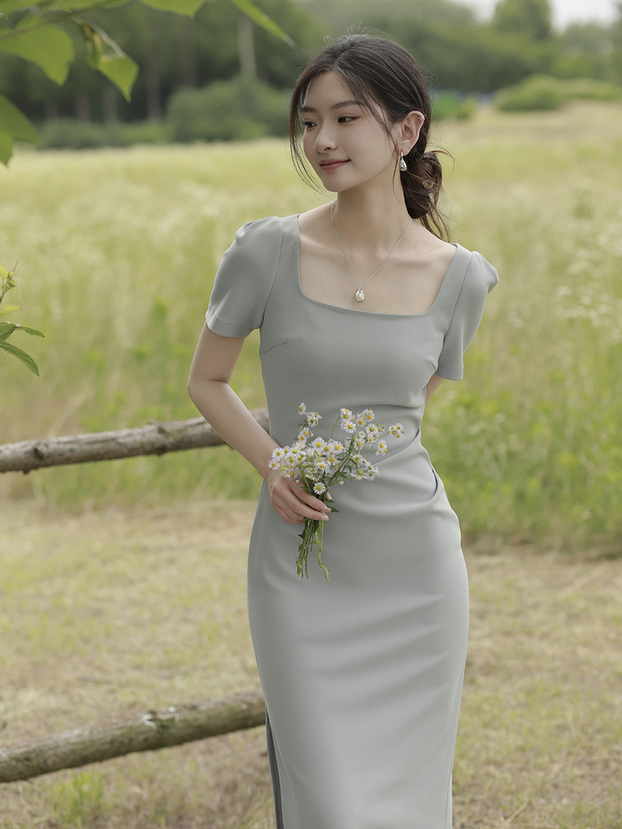 SL130 French style mini dress with square neck, short sleeves and slim fit