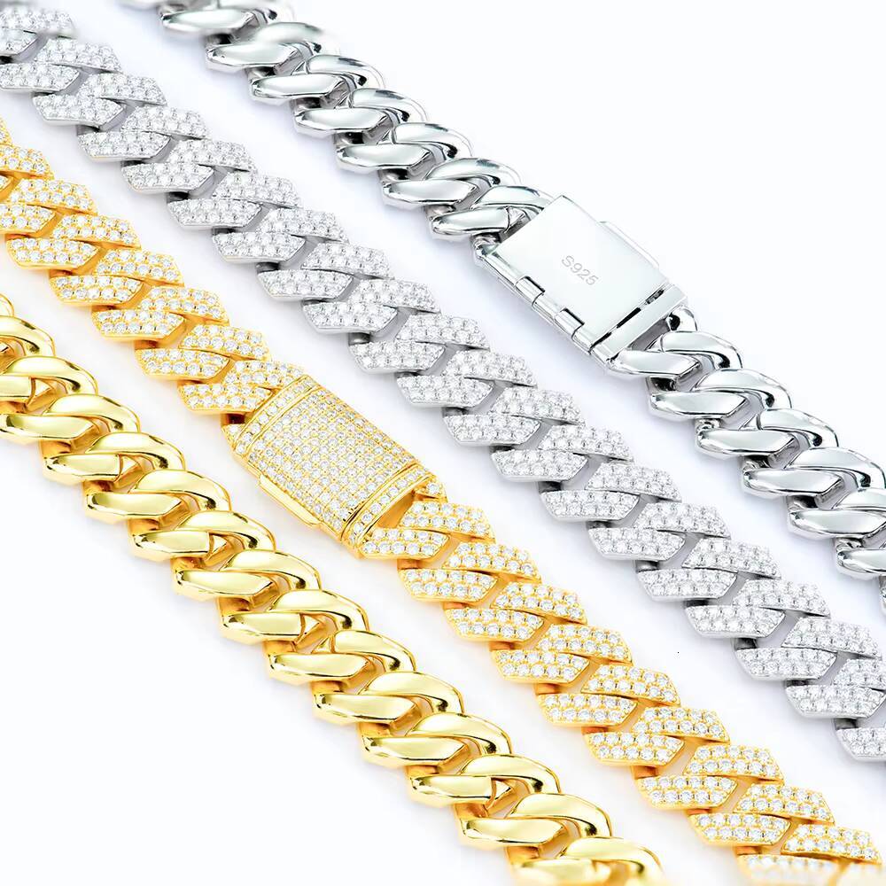 Iced Out Gold Plated White Gold GRA Certificated 14mm Width Sharp Shape 925Silver VVS Diamond Mossanite Cuban Link Chain Hip Hop