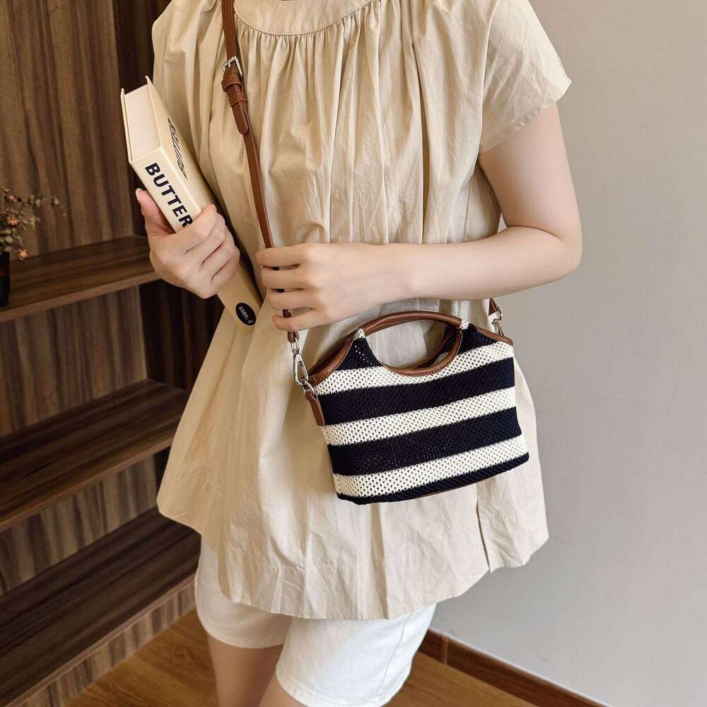 HEssentials 2025 Summer Bucket Bag, Striped Knit Tote, Hollow Out Beach Purse