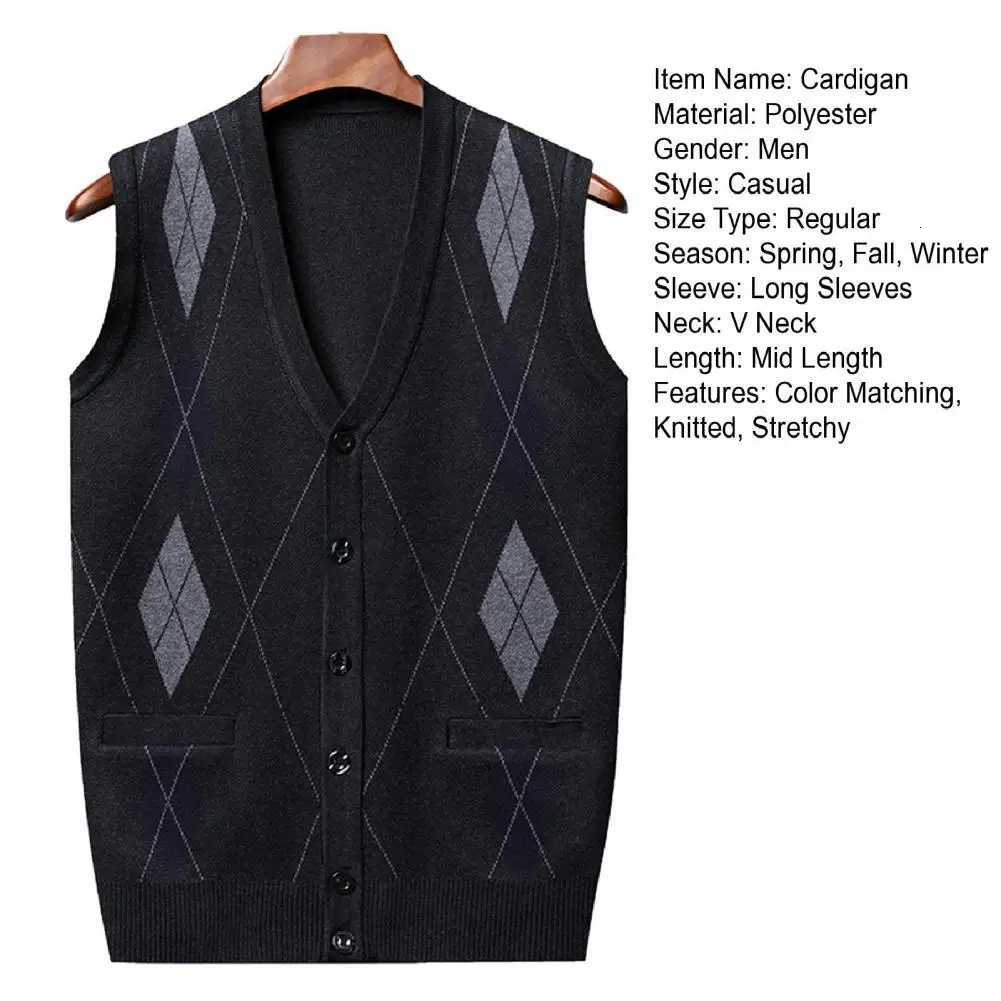 Men Autumn Winter Cardigan Sweater Singlebreasted V Neck Sleeveless Buttons Color Matching Pockets Knitted Vest Midaged TopXJ250904