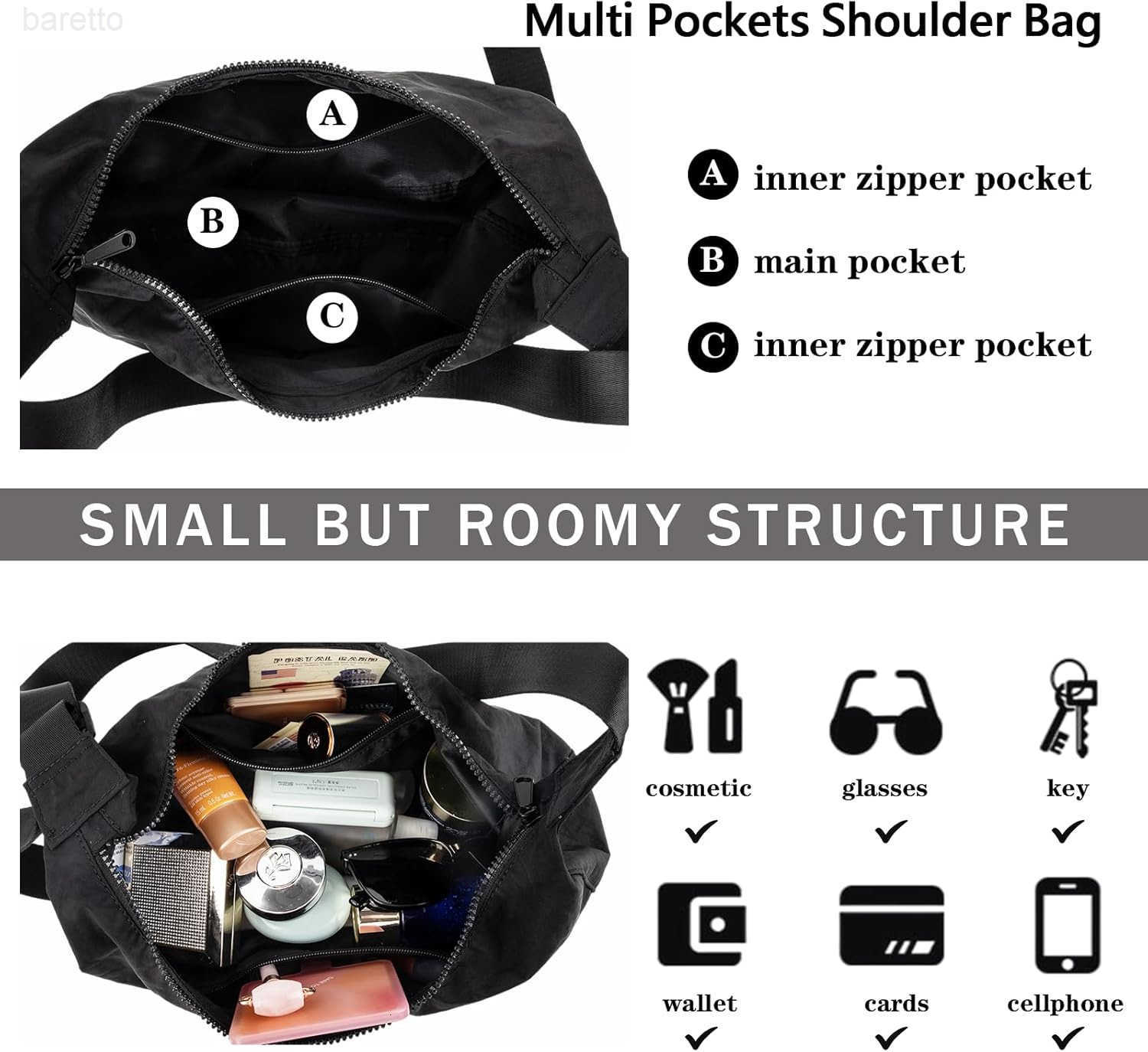 Nylon Crescent Shoulder Bag for Women MenCrossbody Bag with Adjustable StrapDual Interior Zip Pocket M250903