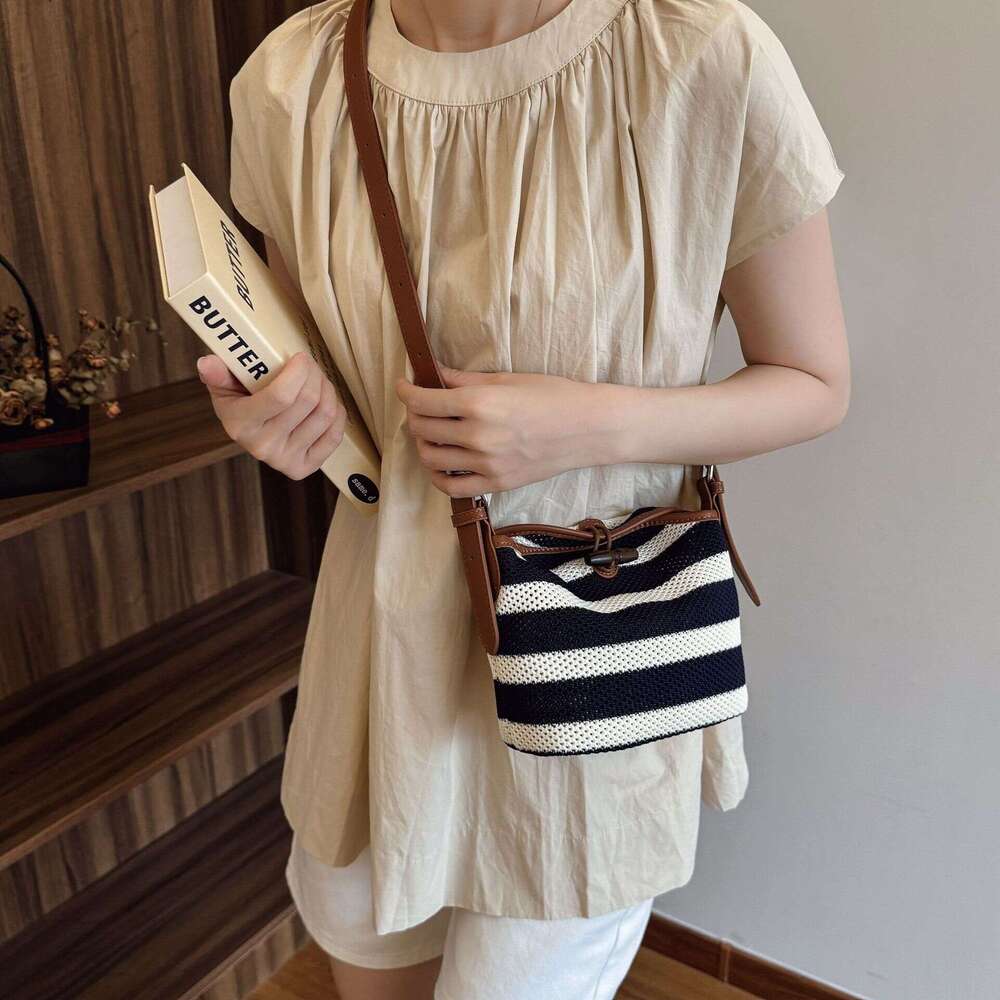 DHEssentials 2025 Summer Striped Knit Crossbody Bag for Women, Medium Bucket Shape