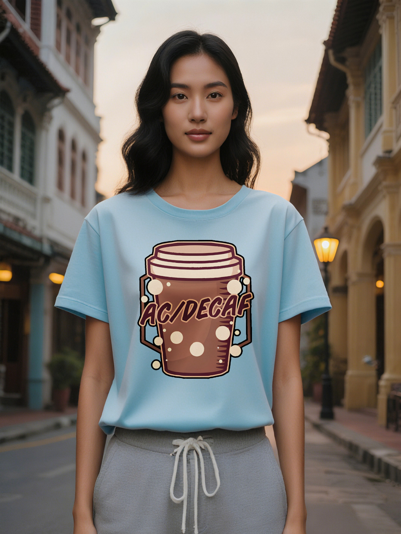 Large XL Women's Casual Crew Neck T-Shirt with Coffee Cup Print White Lid Design ACIDCAF Text Lightweight Fabric Summer Fashion Plus Size