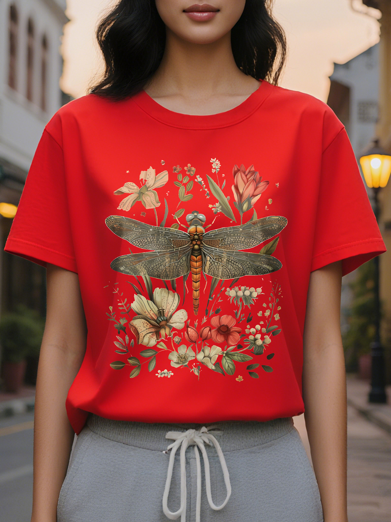 Large XL Casual Dragoy Floral Print Cotton Knit Tee Women S Crew Neck T Shirt All Season Regular Length Top Plus Size