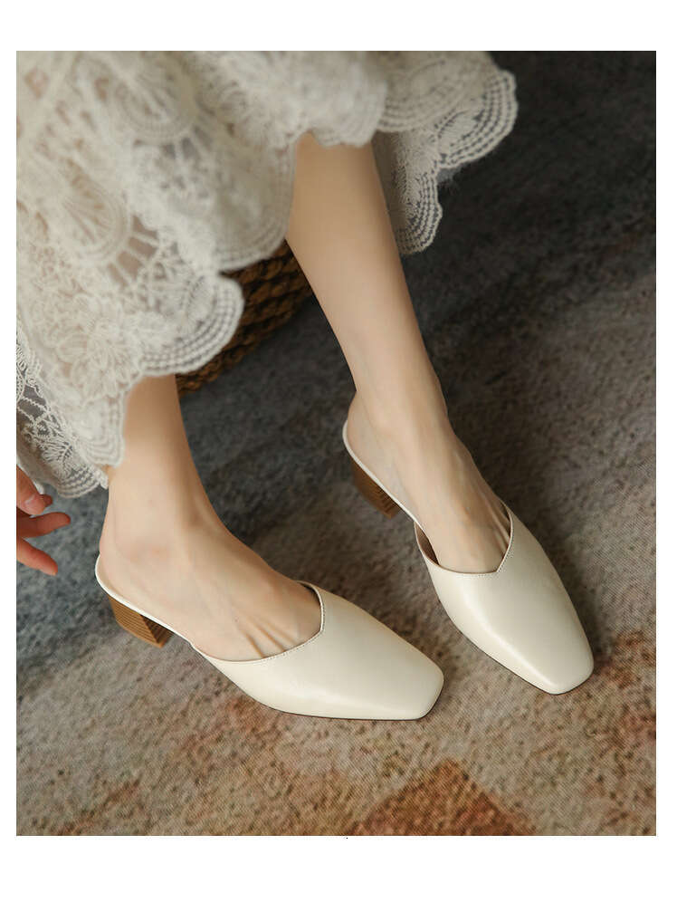 Chunky Heel Half Slippers Women, New Designer Shoe Summer Style, Mid Heel, Squ Toe Sandals, Backless Mules for Outdoor Wear
