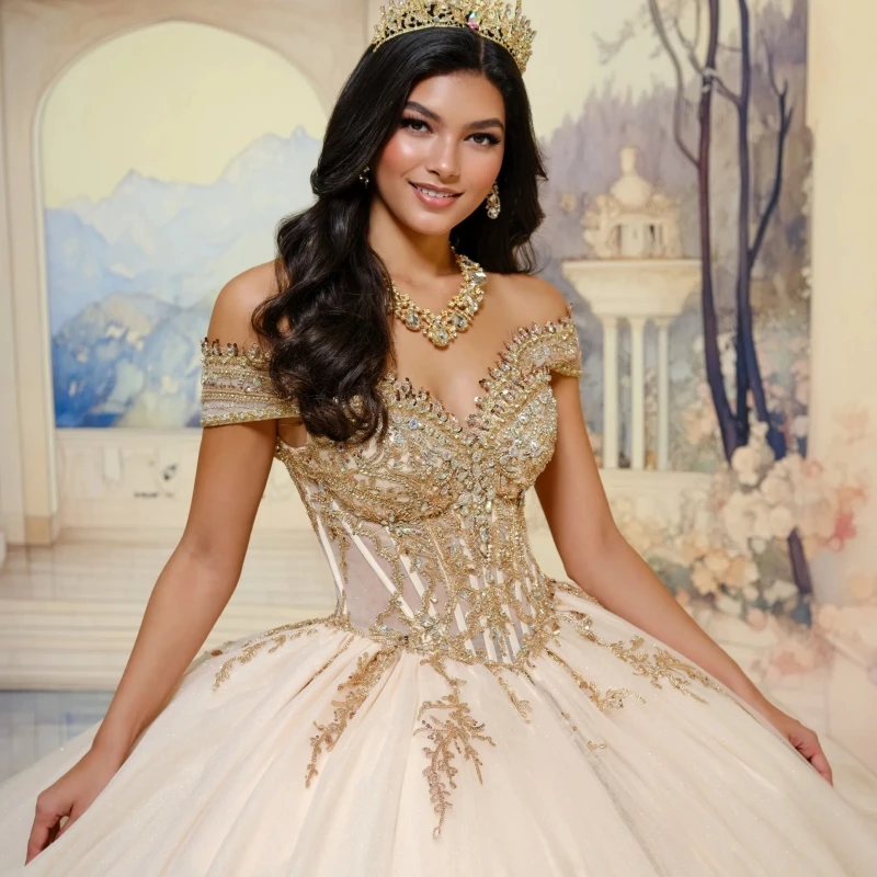 Champagne Shiny Off The Shoulder Ball Gown Quinceanera Dresses Appliques Lace Beading Crystal Tull Sweet 16 Dress Vestidos 15 De Anos