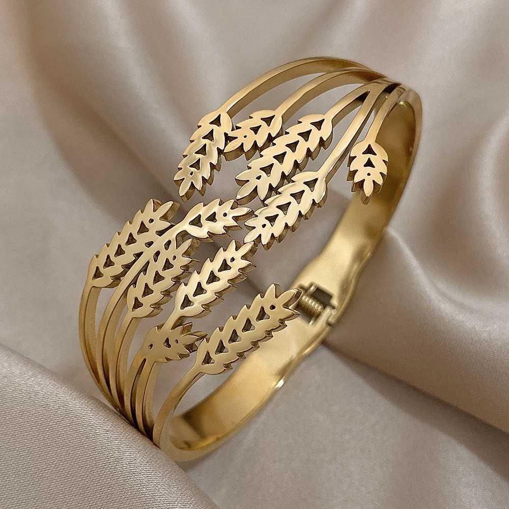 316L Stainless Steel Bracelet for Women Unique Multilayer Ears of Wheat Gold Silver Color Chunky Cuff Bangles Waterproof Jewelry Y250904