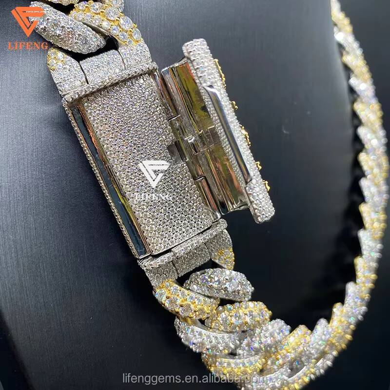 Custom Two Tone 18mm Big Stone Moissanite Cuban Chain S925 Silver Ice Out Necklace Man Moissanite Hiphop Cuban Link Chain
