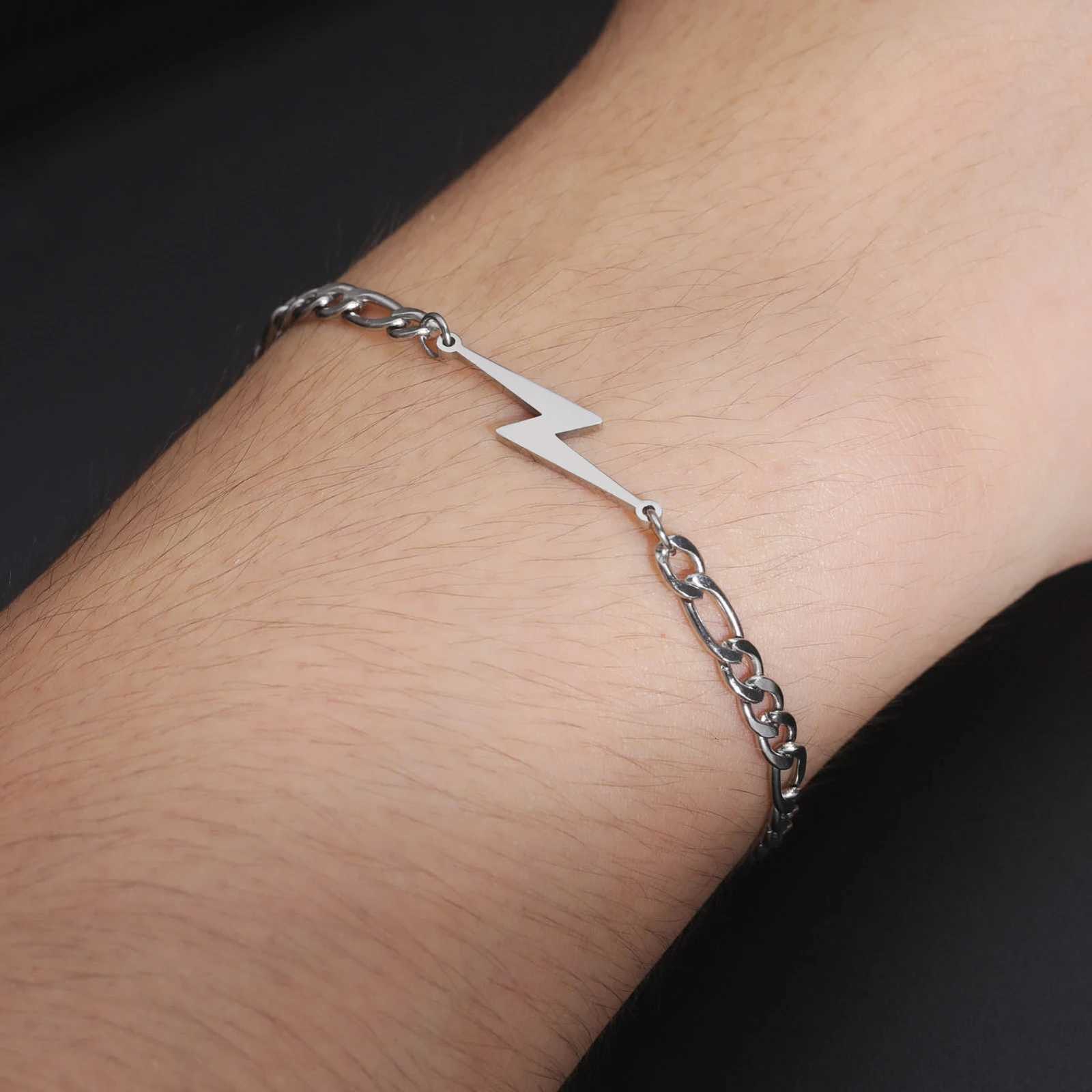 My She Fashion Lightning Charm Bracelets For Men Women Stainl Steel Bracelet Bangle Figaro Chain Male Wristband JewelryXJ250904