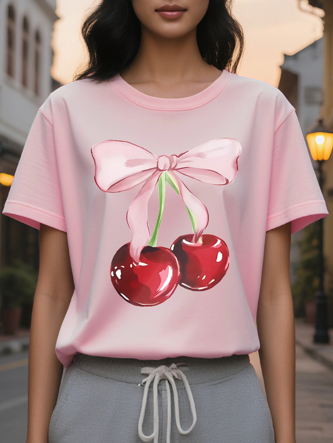 Women s short sleeved T shirt with cherry bow, slim translucent top, round neck, and summer washable white casual dress