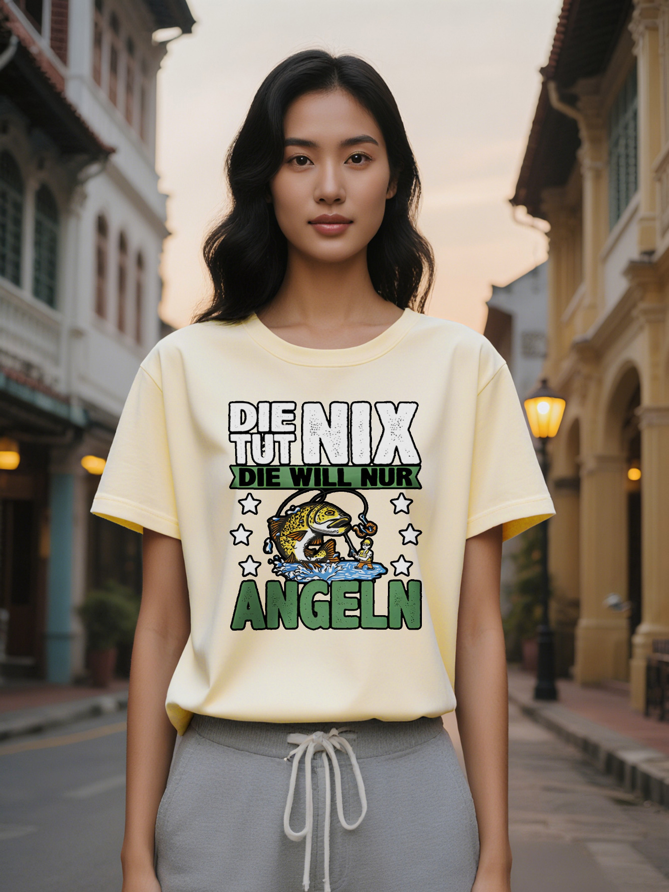 Large XL Women's Casual Versatile Round Neck T-Shirt Fisherman Print with Angelfish Graphic Regular Fit Summer Wear Perfect Gift Plus Size