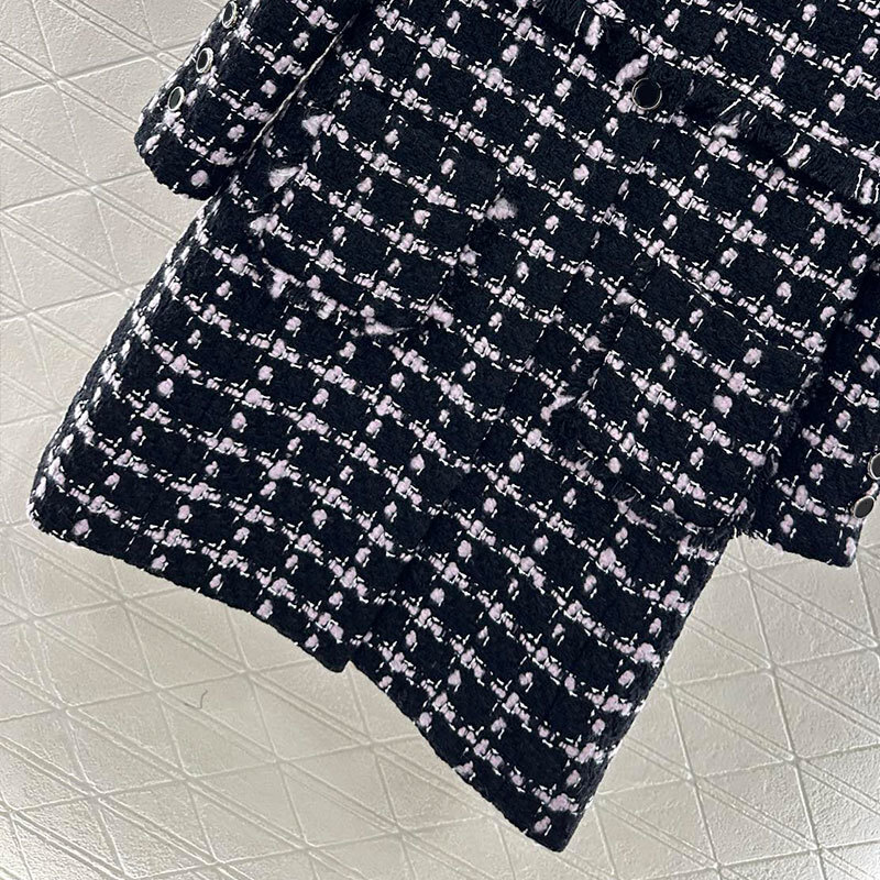 Luxury Retro Oversized Ladies Woven Check Long Coat Dress, Stand Collar Button Down Wool Blend Jacket, Fringe Detail Elegant S0909