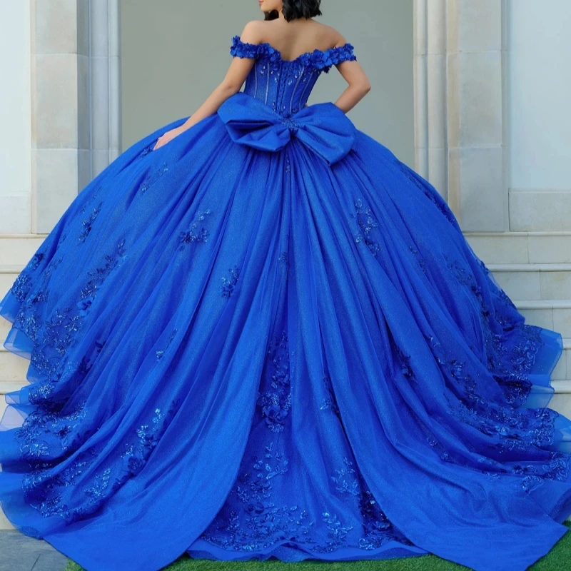 Royal Blue Shiny Quinceanera Dresses Ball Gown Off The Shoulder Applique Flower Beading Crystal Tull Sweet 16 Dress Vestidos 15 Anos