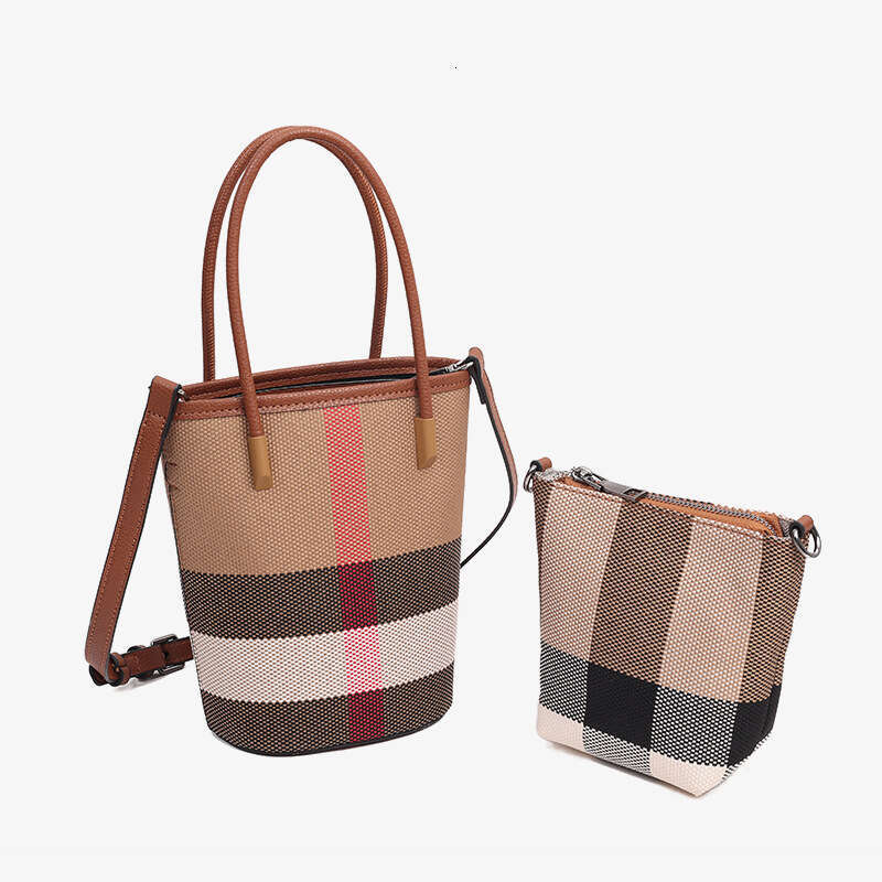 Fashion Women's Textured Stylish Genuine Leather Canvas Plaid Handbag Bucket Mother Free shipping Luxury Single Shoulder Crossbody Bag Light Luxu