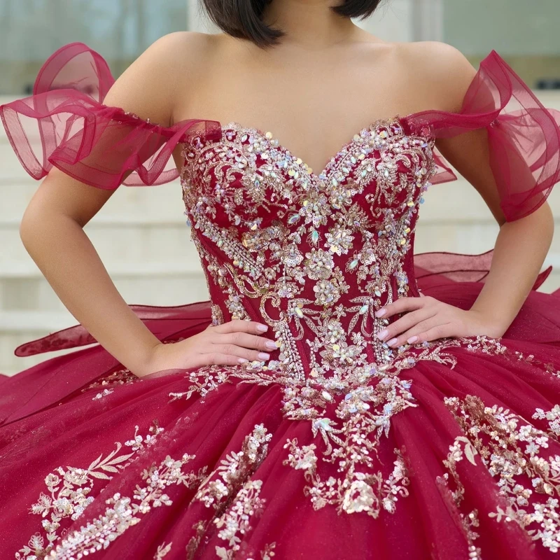 Red Quinceanera Dresses Ball Gown Off The Shoulder Applique Lace Bow Beading Crystal Tull Party Sweet 16 Dress Vestidos 15 De Anos