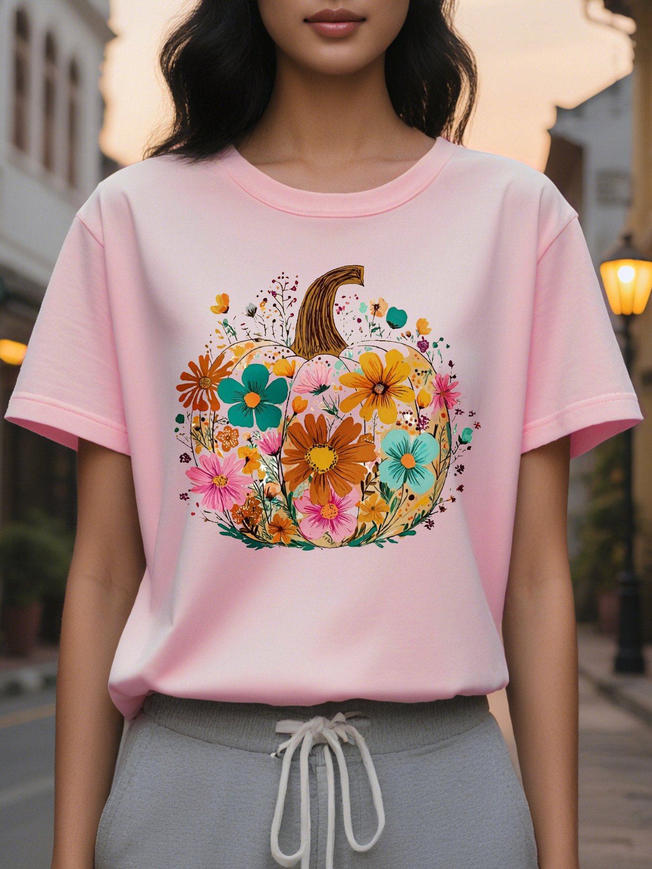 T Shirt Beige Background with Floral Pumpkin Soft Neck Casual Everyday Party Top for Autumn Year Round Wear