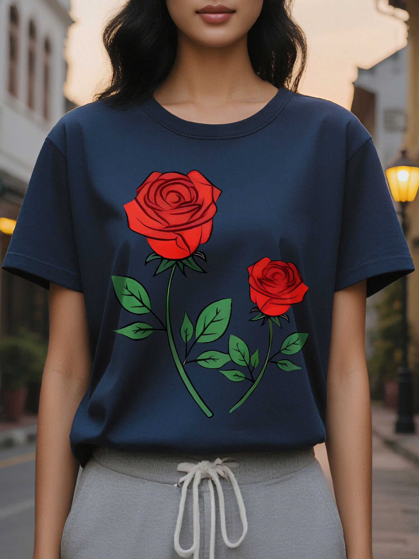 ibrant Rose Print Crew Neck T Shirt Soft Breathable Short Sleeve Casual Top Spring Summer Women s Comfortable