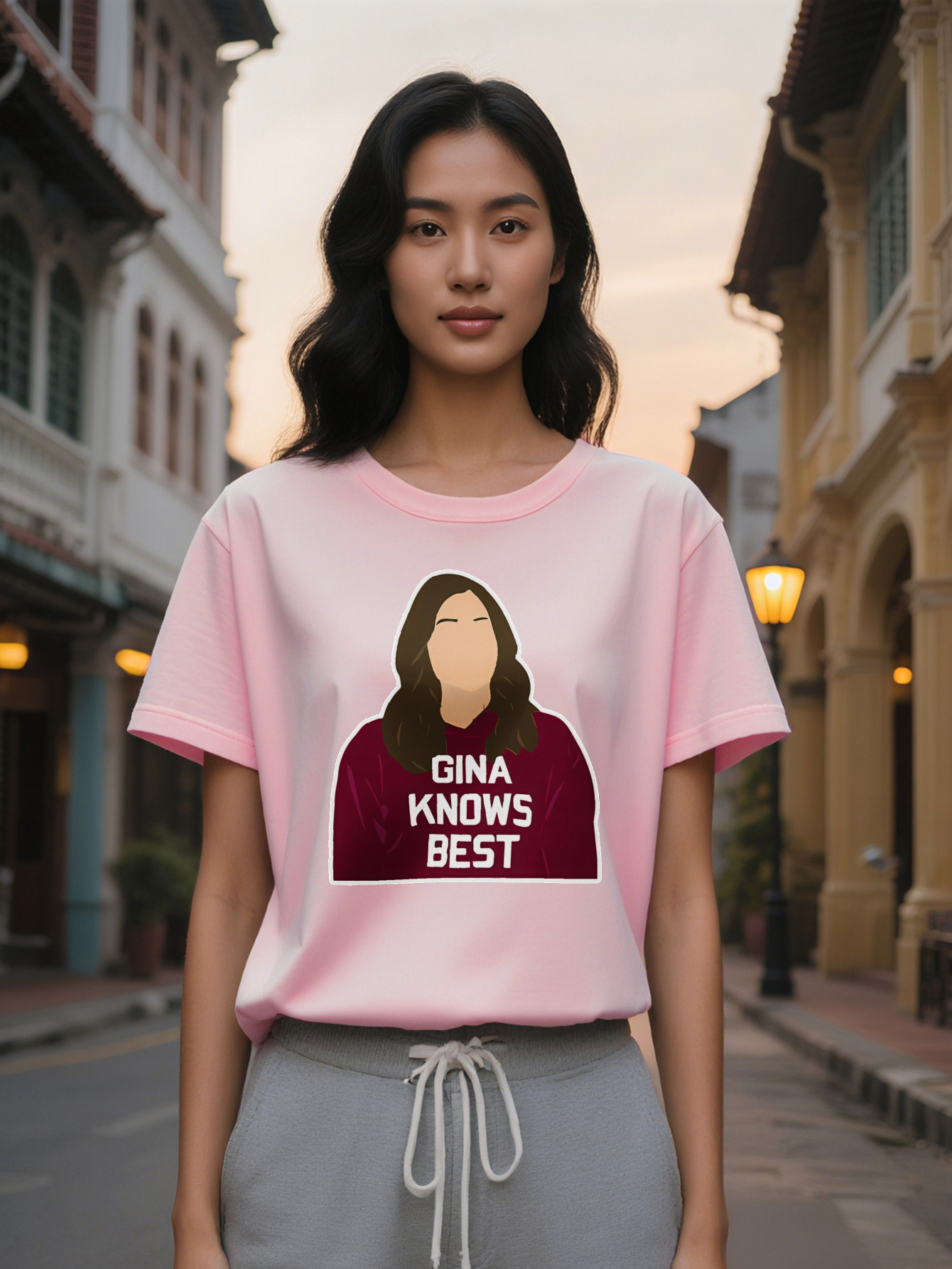 Gina Knows Best Brown Long Hair Cartoon T Shirt Crew Neck for Summer Knit Fabric Tops Women Gift Tee Casual