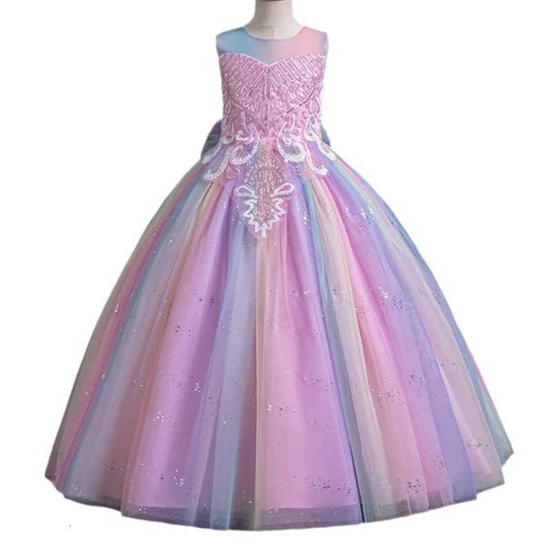 Girls New Sequin Sticker Bow Rainbow Sleeveless Mesh Long Princess Dress Wedding School Graduation Ceremony Fashion Dress Z250904