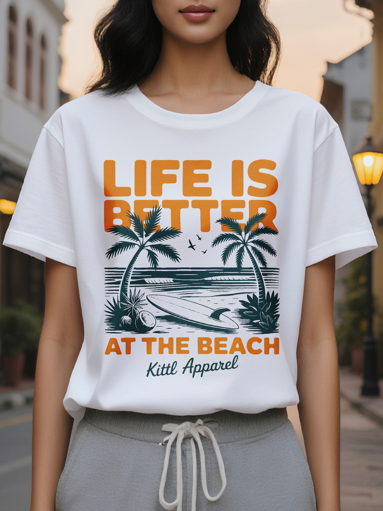 Ladies White T-Shirt Beach Theme Pattern Jacket Printed with Better Life at the Sea Round Neck Soft Summer Casual