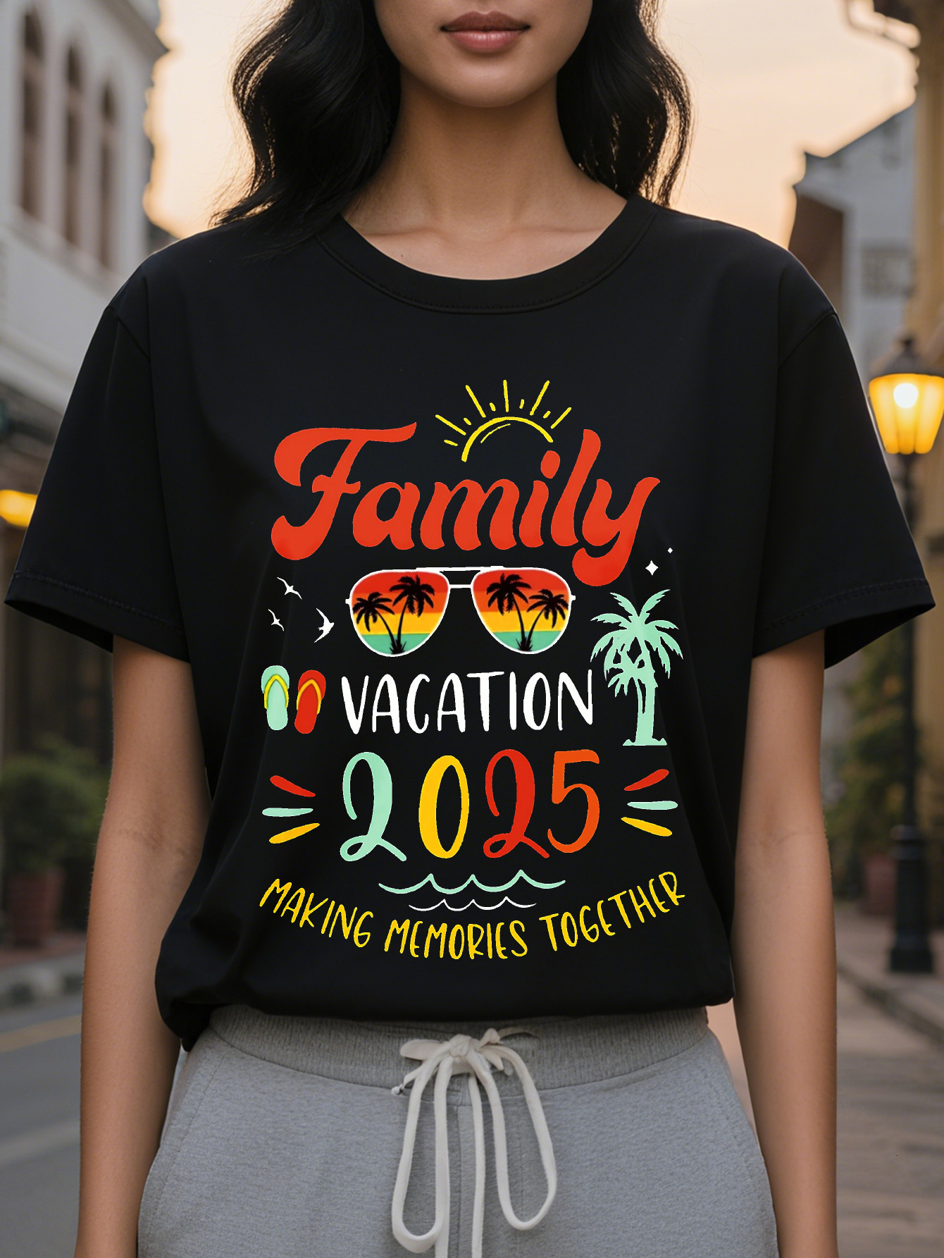 Large XL Women's Casual Graphic Print Round Neck T-Shirt Vacation Design with Palm Trees Sunset Medium Stretch Plus Size