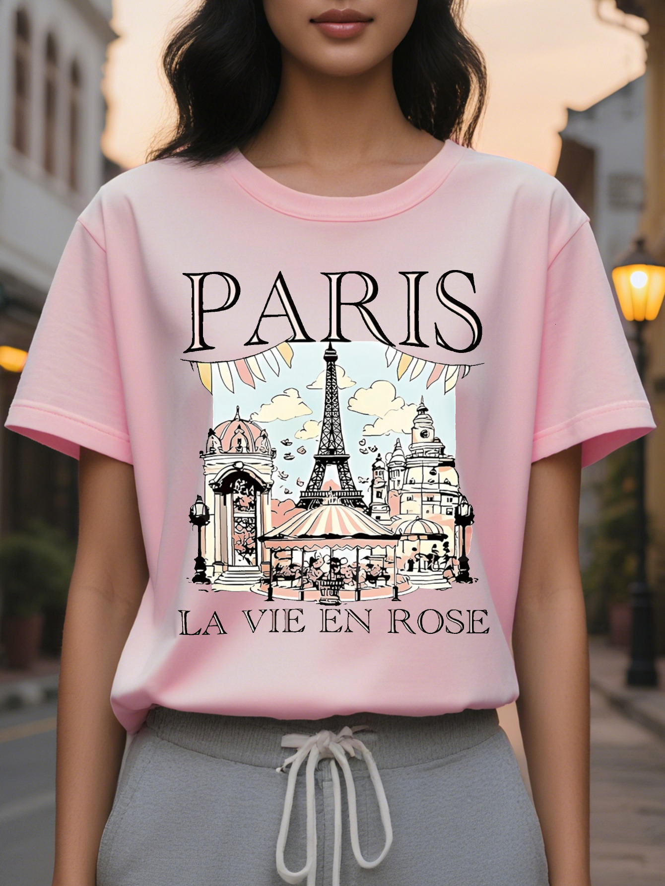 Paris Landmarks Print Fashion T Shirt Cotton Knit Fabric for Women Casual Crew Neck with Eiffel Tower Design All Seasons