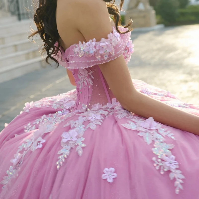 Pink Quinceanera Dresses Ball Gown Off The Shoulder Applique Flower Beading Crystal Tull Sweet 16 Dress Vestidos 15 De Anos