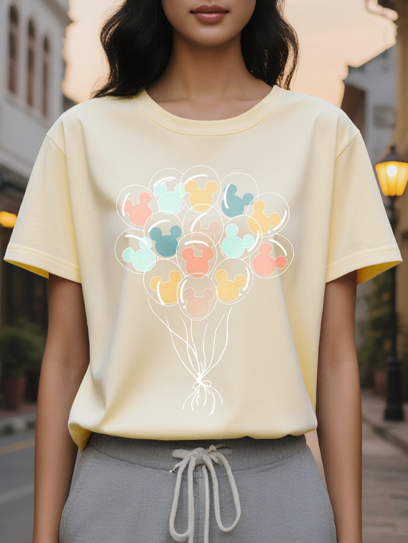 Vibrant Balloon Pattern Crew Neck Short Sleeve T-Shirt Soft Breathable Casual Wear Spring Summer Women's Relaxed