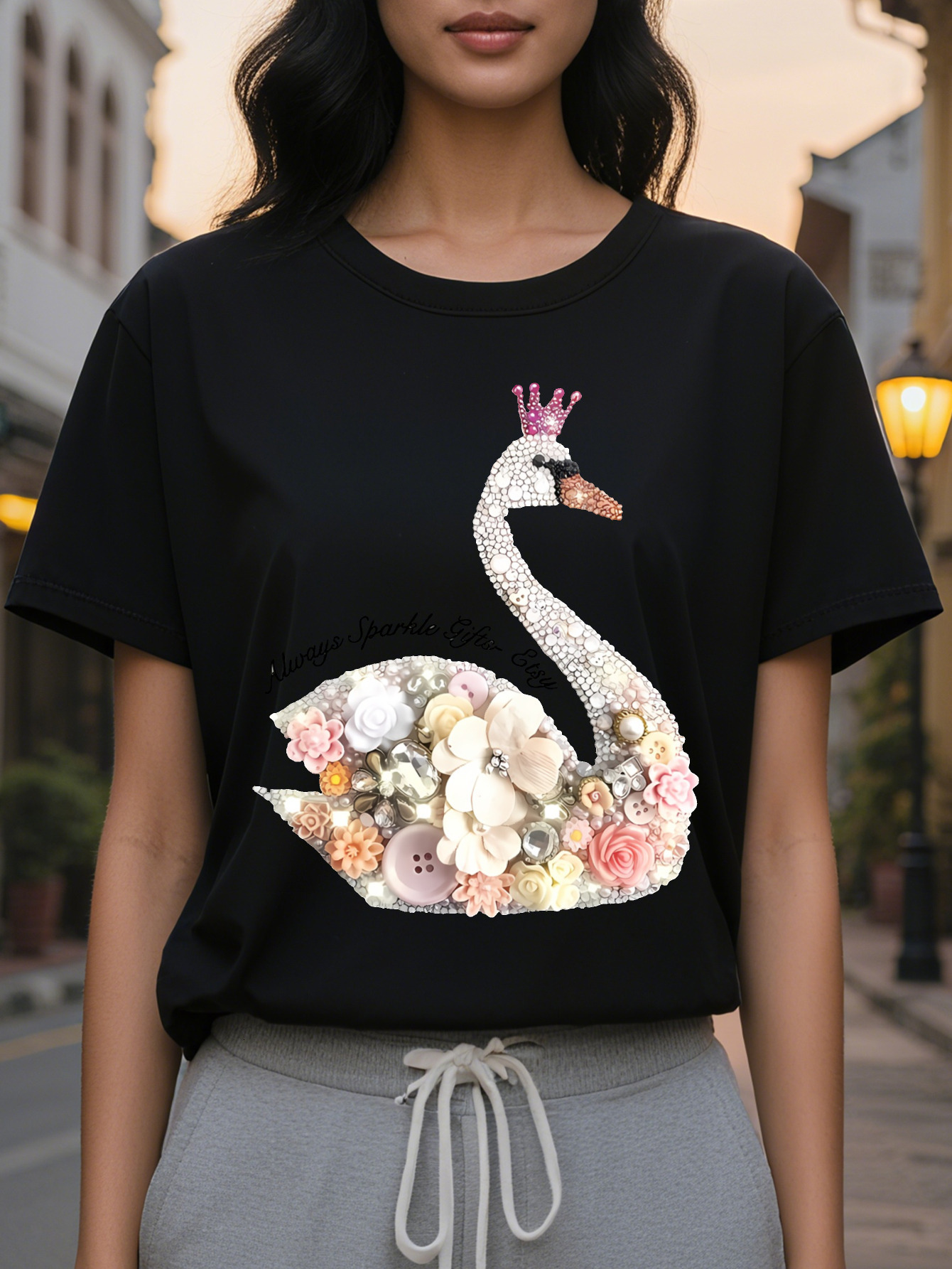 Women S White T Shirt with Sparkling Swans Floral Print Short Sleeve Round Neck Casual Top Soft Cotton