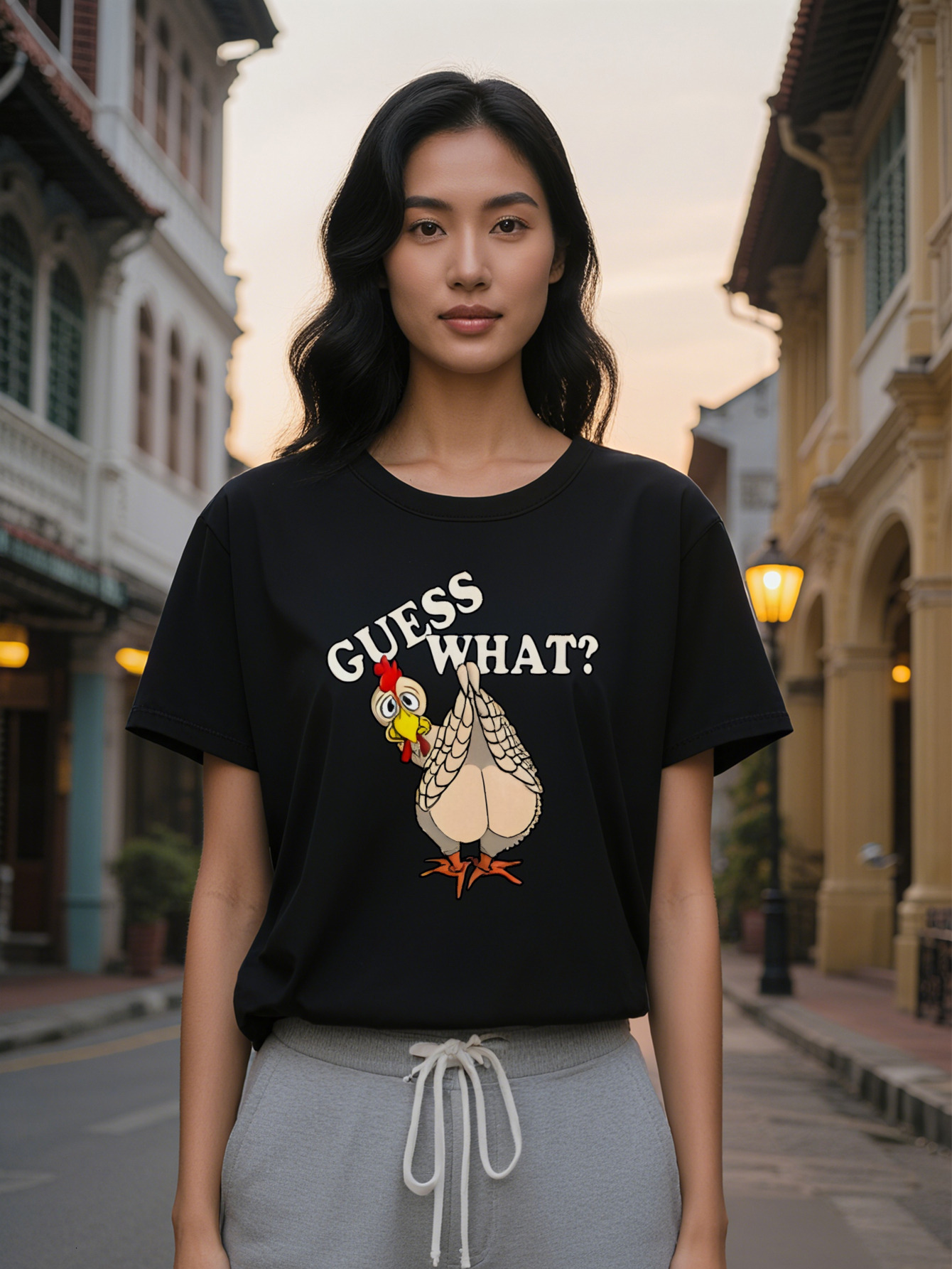 Large XL Lady Graphic T-Shirt with Rooster What Print Black Round Neck Summer Tee Hine Washable Regular Fit Humorous Animal Plus Size