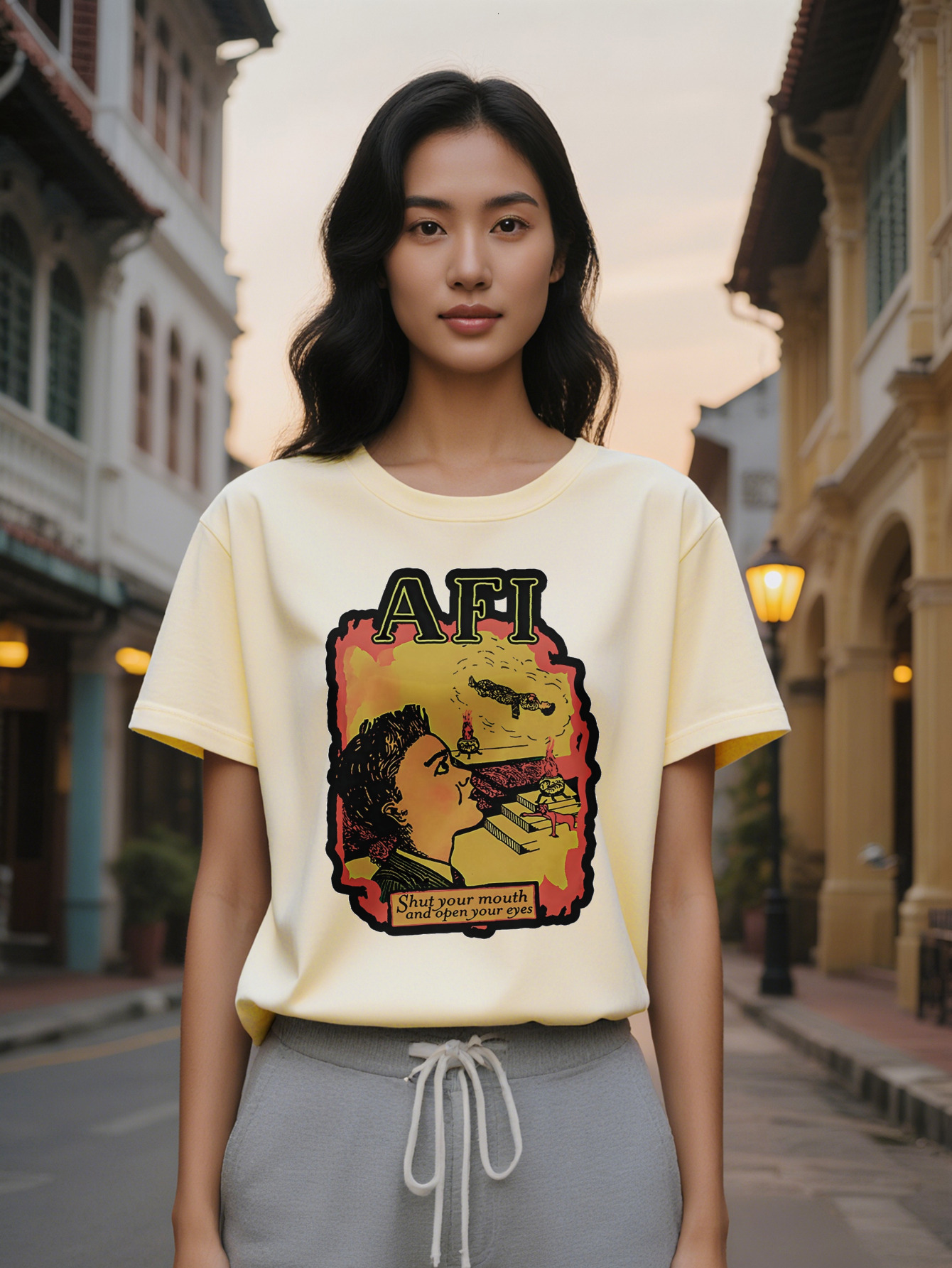 Large XL Casual Graphic T-Shirt AFI Side Profile Male Face Bold Typography Print Black with Yellow Red Design Regular Fit Plus Size