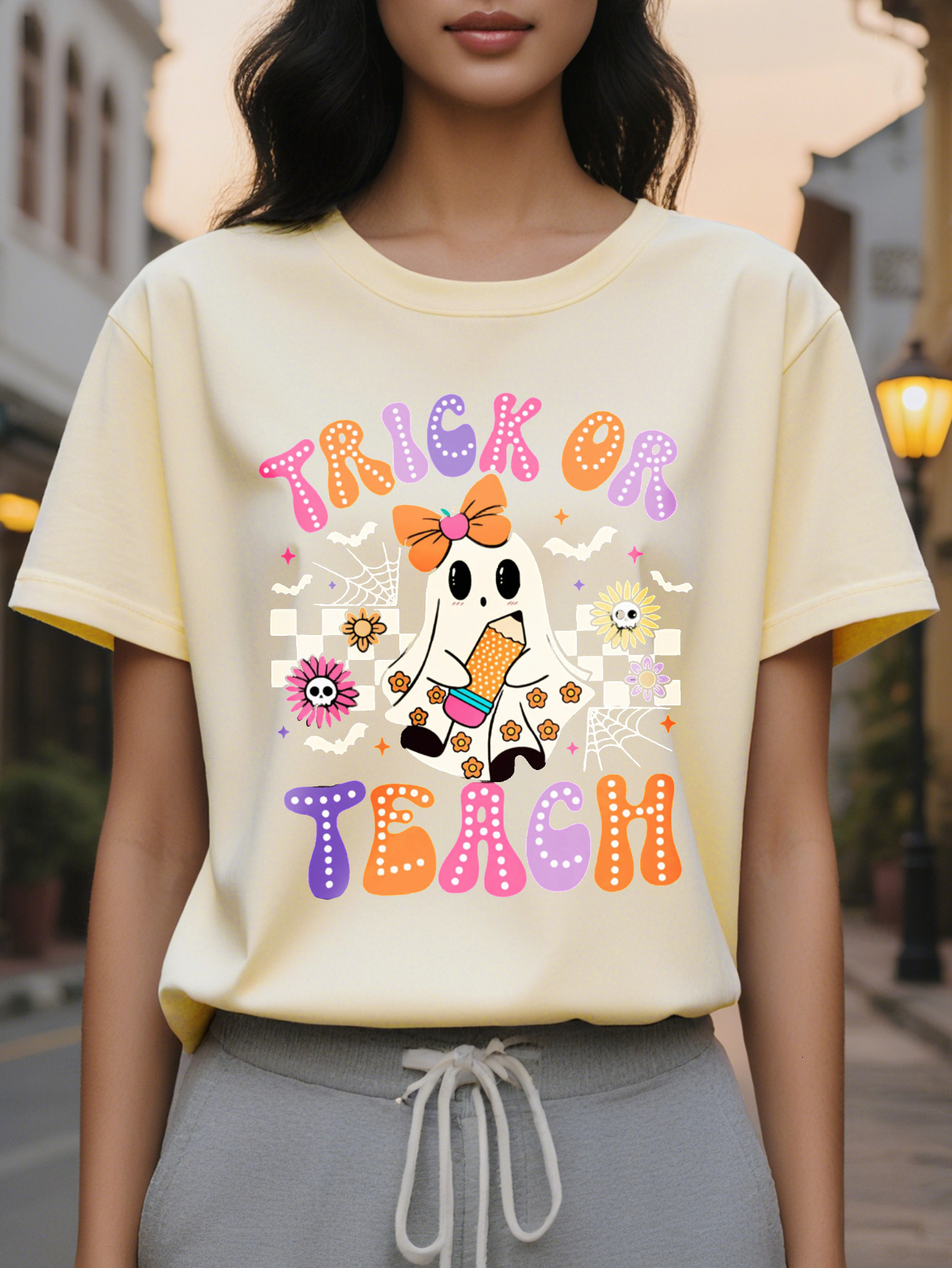 Women's Halloween Banter or Teach Print T-Shirt Cotton Casual Round Neck Short Sleeve Top for Spring Summer