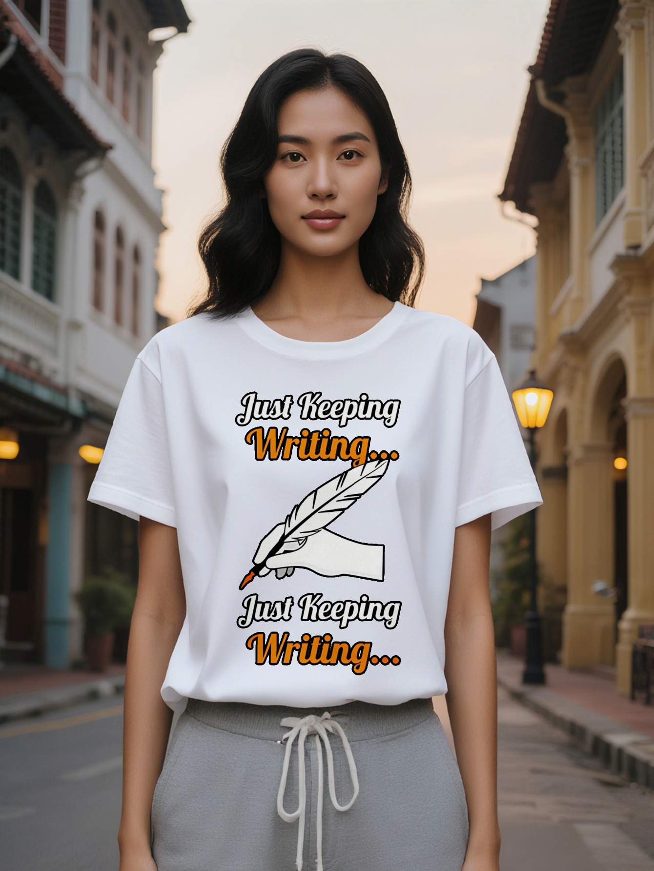 Large XL Women's Casual Short Sleeve T-Shirt Handwritten Feather Quill Just Keeping Writing Print Black with Orange Lettering Plus Size