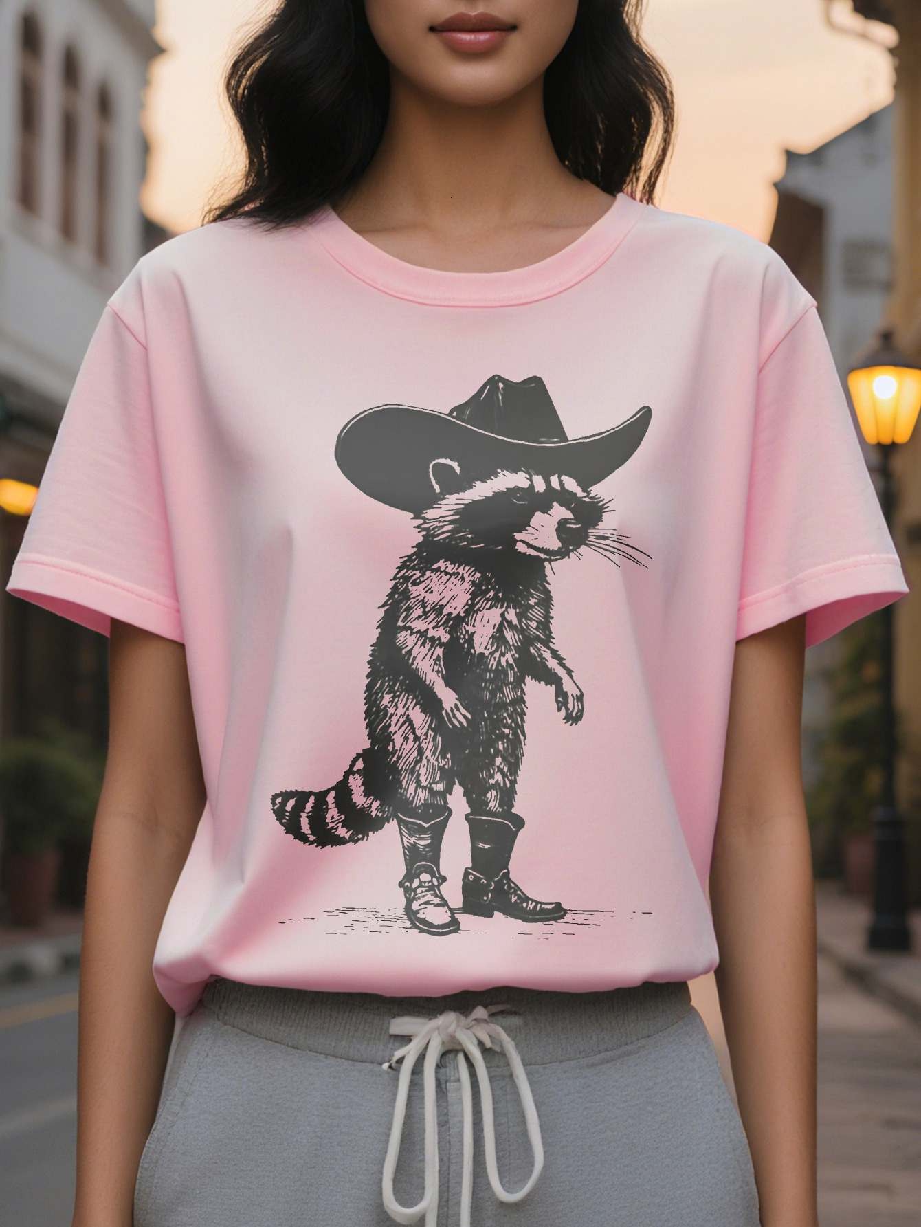 2024 Racoon Print Crew Neck T-shirt Short Sleeve Casual Top for Summer Spring Women's Clothing