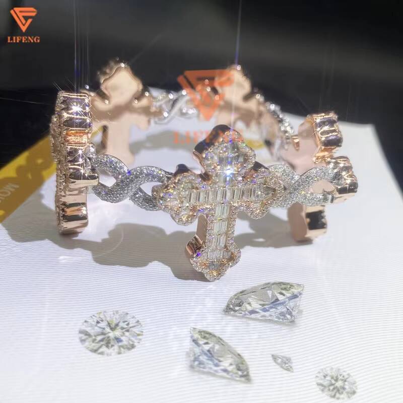 Custom Cross Baguette Cut Bracelets D VVS1 Moissanite 925 Silver Excellent Cut Hip Hop Style Men Two Tone Diamond Pearl